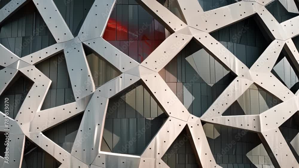 Poster a maze of overlapping geometric shapes make up the faã§ade of this stadium giving it a sense of dept