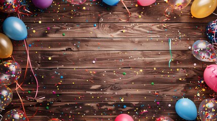 Vibrant carnival celebration: colorful balloons, streamers, and confetti adorn rustic wooden board
