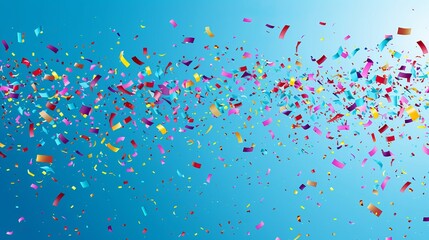 Vibrant celebration: colorful confetti cascading onto a festive scene against a blue backdrop
