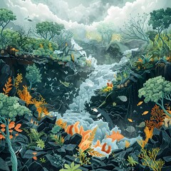 Illustrated Scene of Cascading Ecological Collapse: A Fragile Interconnected Ecosystem in Crisis