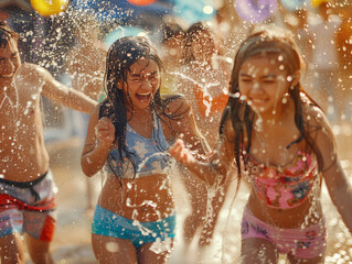 Obraz premium girl groups playing water on street at thailand, Songkran festival