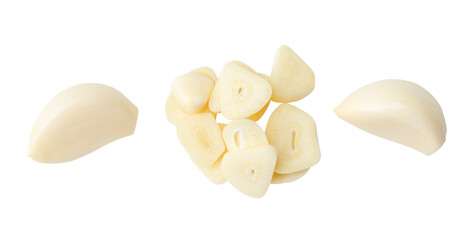 Top view set of peeled garlic cloves and slices or pieces in stack isolated with clipping path in...