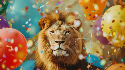 Joyful animal birthday bash: balloons, confetti, and jungle fun with celebratory lion