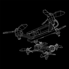 FPV Drone Racing freestyle sport flight. Hobby toys. Wireframe low poly mesh vector illustration.