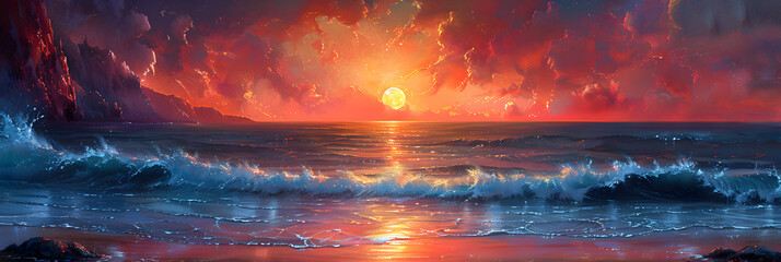 Sunset at the Beach Sunset in the Mountains,
Painting of a sunset over a rocky beach with waves