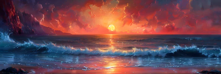 Kussenhoes Sunset at the Beach Sunset in the Mountains, Painting of a sunset over a rocky beach with waves © Cuvizz