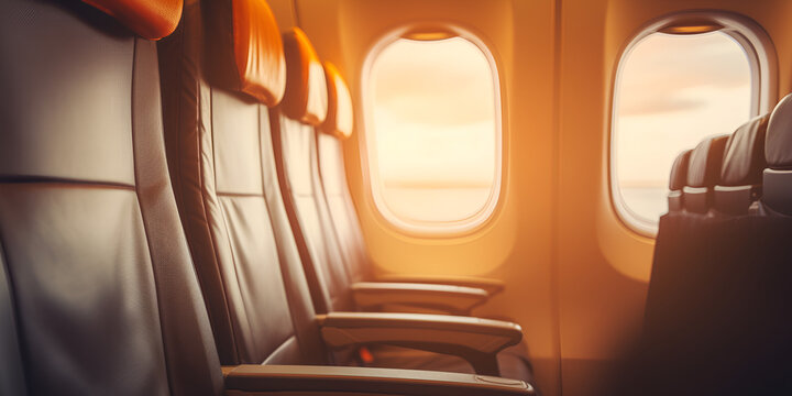 interior of a room, Airplane window beautiful sky Shot from inside of airplane window with sky golden lights of sunset, Amazing view from plane window, Generative AI