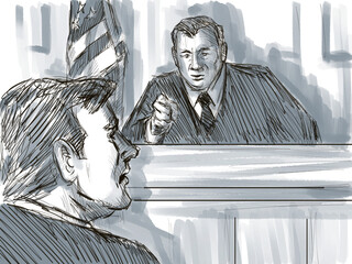 Pastel pencil pen and ink sketch illustration of a courtroom trial setting with judge reprimanding defendant or plaintiff, witness in contempt of court in judiciary court of law and justice. - obrazy, fototapety, plakaty