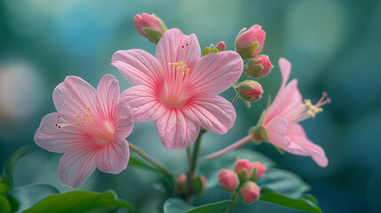 A white-pink kapok hangs in the air. There are two buds on the flower branch and three buds. Ultra HD visuals, realism and green background blur.