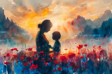 Mother and Child Bask in the Glow of a Majestic Sunset Surrounded by the Vibrant Life of a Poppy Field
