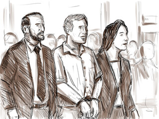 Pastel pencil pen and ink sketch illustration of an convicted defendant convict accompanied buy lawyer for sentencing hearing in courtroom or court of law drawing. - obrazy, fototapety, plakaty