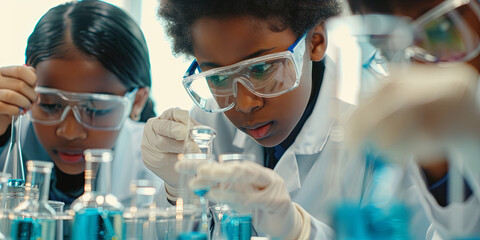 close up of young students in lab coats and safety glasses working, generative AI