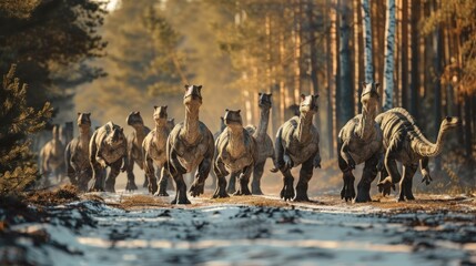 Dinosaur parade: colorful prehistoric creatures marching through a vibrant jungle landscape, illustrating the wonders of nature and imagination, perfect for children's books, educational materials, an