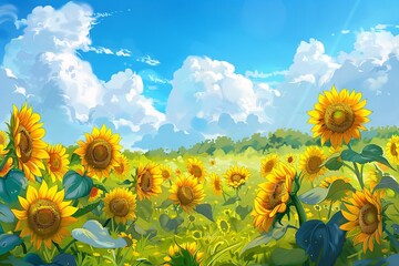 Vector Sunflowers Meadow in Oil Painting  Flowers Banner with Blue Sky and Clouds