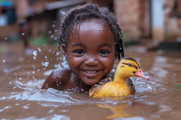 African girl swims having fun with her duck at pool with water splash - Powered by Adobe