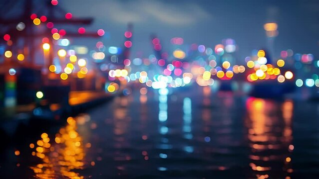 Defocused night scene of a busy harbor with ling lights and silhouettes of ships showcasing the evolution of international trade and commerce. .
