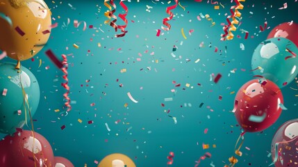 Colorful festival celebration frame: vibrant balloons, streamers, and confetti for birthday parties and carnivals