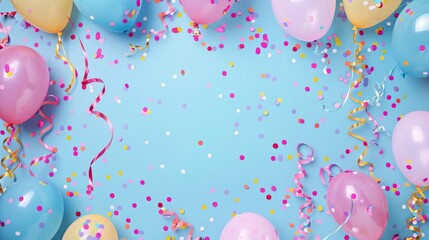 Colorful festival celebration frame: vibrant balloons, streamers, and confetti for birthday parties and carnivals