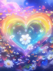Colorful rainbow heart with white daisy flower and colorful glowing flowers flying in the sky