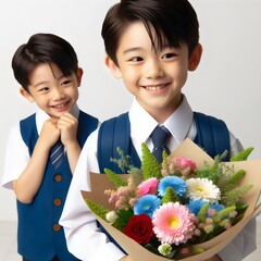 two boys holding flowers, one of them is smiling and the other is smiling.