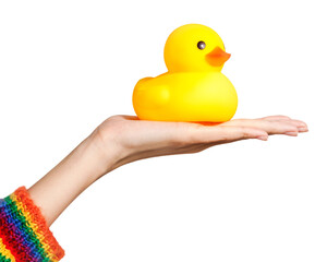 Cute rubber duck on a hand design element