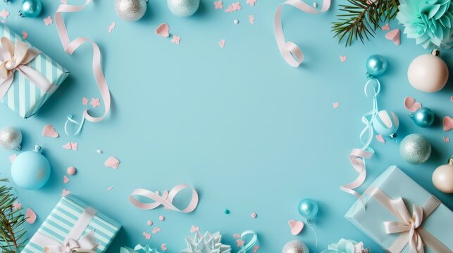 Pastel blue party decor flat lay: elegant border arrangement, top view concept for celebrations and events