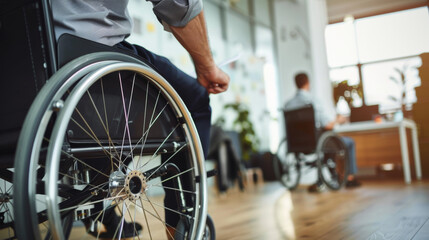 Obraz premium A businessman in a wheelchair is meeting with the team in the office