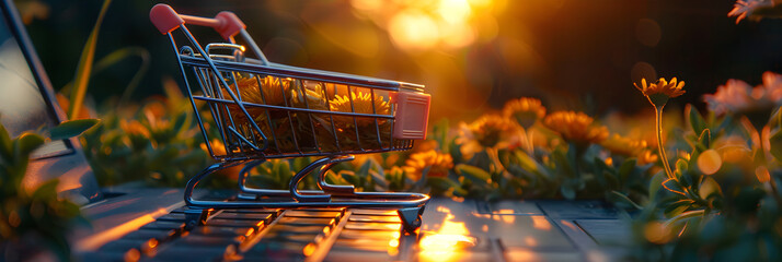   Shopping cart near laptop on wooden table. Morning sunlight casts a warm light in the background Concept of business and online shopping, Exploring the Intersection of Business,   - obrazy, fototapety, plakaty