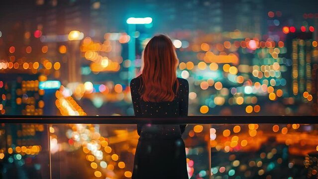 A woman stands on a balcony back turned to the camera as she gazes out at the city below. The reflection of the city lights in the . .