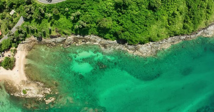 Aerial view Drone fly over sea with mountains in Phuket island Phuket Thailand,Beautiful clouds nature background,Amazing clouds over sea in sunny day