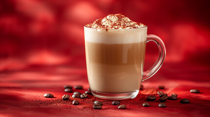 赤色の無地の背景にカフェオレの商品写真 < Generative AI >