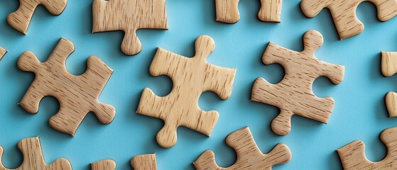 Wooden puzzle pieces joined together on a cerulean background, metaphor for effective teamwork and cooperation - obrazy, fototapety, plakaty