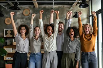 Diverse group of professionals celebrating success with raised arms in modern office building setting