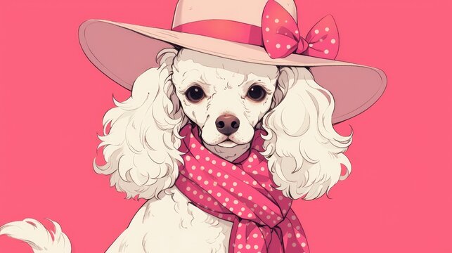 A charming hand drawn illustration features a stylish white poodle sporting a pink hat a matching scarf and a cute bow This 2d illustration brings the dressed up dog to life with its adorab
