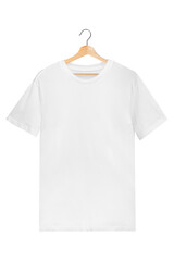Png white t-shirt mockup on a wooden hanger