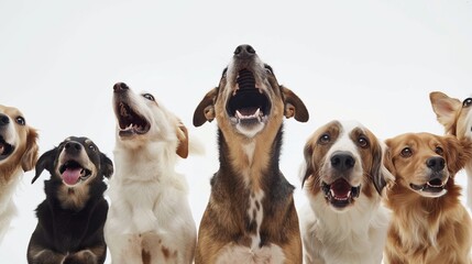 Diverse dog ensemble singing 'happy birthday to you' on white background – joyful canine choir celebrating special occasion - Powered by Adobe