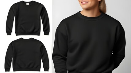 Blank hoodie mockup .Blank sweatshirt  black color preview  template front and back view on white background. crew neck mock up isolated on white background. Cloth collection.  - obrazy, fototapety, plakaty