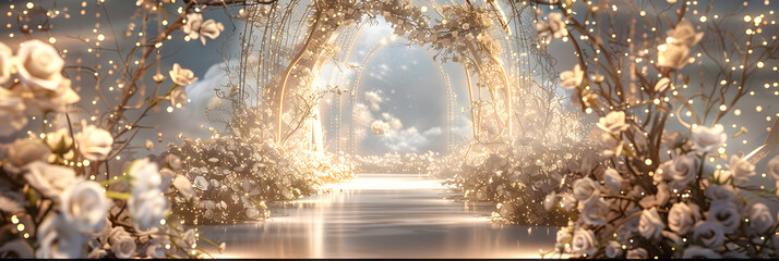Fototapeta premium The scene of a luxurious royal palace wedding hall with many flowers , Wedding luxury path background, romantic setting for a wedding where the moonlit garden of flowers 