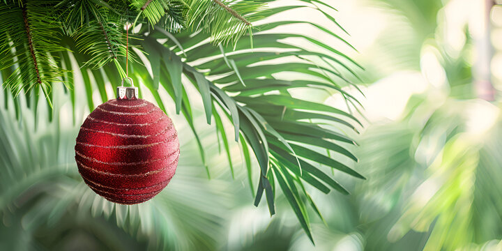 Closeup of ornament on Christmas red luxury ball on tree branches in snowy Christmas tree branch with red ornament and bokeh with tropical leave
