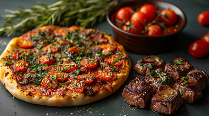 青色のテーブルの上に置かれたピザとビーフステーキの商品写真 < Generative AI >