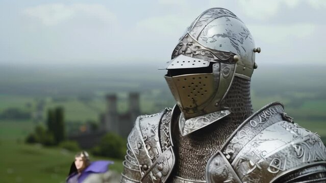A stone statue of a medieval knight clad in intricate metal armor stands on a green hill. Helmet with visor covers the face. Blurred castle buildings in the background. 