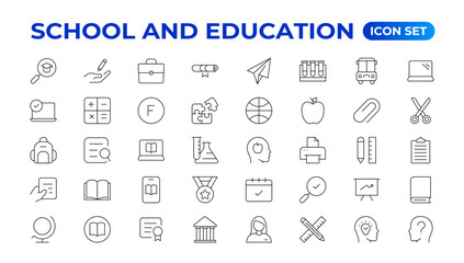 Back to school icon set with different vector icons related to education, success, academic subjects, and more. Education Learning thin line set. Education, School, editable stroke icons.