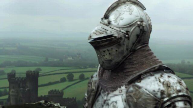 A stone statue of a medieval knight clad in intricate metal armor stands on a green hill. Helmet with visor covers the face. Blurred castle buildings in the background. 