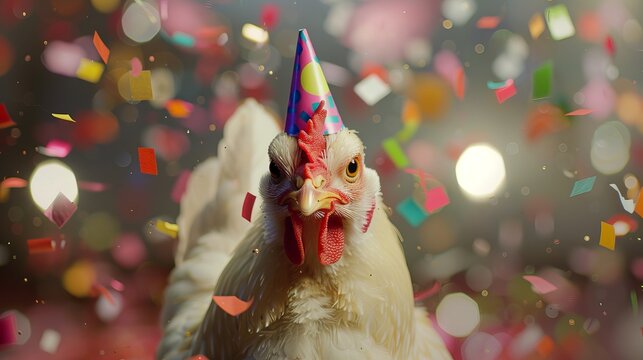 Festive chicken in party hat celebrating new year or birthday with bokeh lights and confetti, joyful animal party scene for greeting cards and celebratory designs