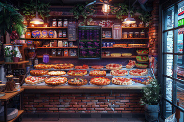 紫色の落ち着いた店内でのピザとタルトの高級ディナーの写真 < Generative AI >