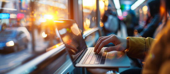 a person use laptop in crowded people in the public transport