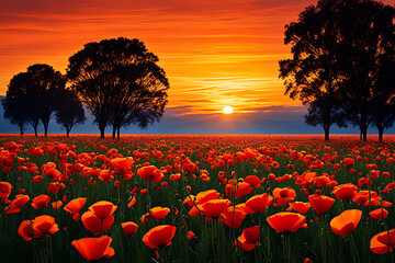 A field of vibrant red poppies with green stems against a backdrop of silhouetted trees and a striking sunset with shades of orange and red in the sky. - Powered by Adobe
