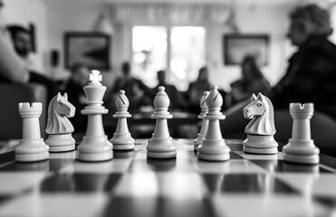 The white chess pieces sat on the board, black and white against a blurred background of people...