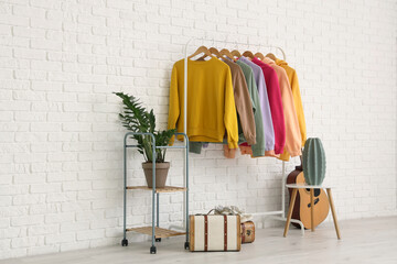 Rack with female clothes, houseplant and decor near light brick wall in room