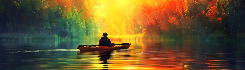 A solitary kayaker enjoys the mystic beauty of a river winding through a forest bathed in the golden light of sunset. - obrazy, fototapety, plakaty